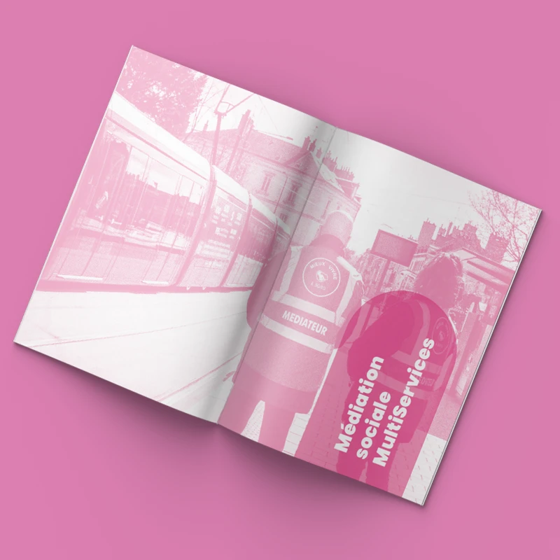 Présentation des pages de transition avec une grande image en rose monochrome qui prend 2 pages 