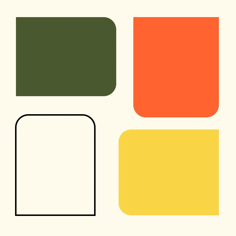 4 cercles de couleurs qui représentent la palette de couleur du projet : un orange, un vert sapin, un beige et un jaune ocre.