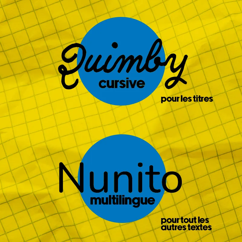 Typographies choisies pour le projet, Quimby une cursive et nunito une multilingue